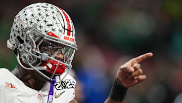 Ohio State Buckeyes safety Caleb Downs (2) warms up prior to the College Football Playoff National Championship against the Notre Dame Fighting Irish at Mercedes-Benz Stadium in Atlanta on Jan. 22, 2025.