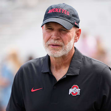 Aug 31, 2024; Columbus, OH, USA; Ohio State Buckeyes defensive coordinator Jim Knowles walks the sideline prior to the NCAA football game against the Akron Zips at Ohio Stadium. Ohio State won 52-6.