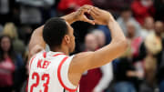 Mar 26, 2024; Columbus, OH, USA; Ohio State Buckeyes forward Zed Key (23) motions to fans as he