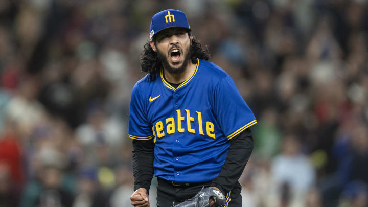 Seattle Mariners reliever Andres Munoz reacts during a game against the Texas Rangers in June at T-Mobile Park.