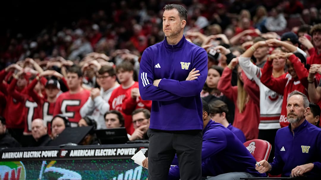 Washington head coach Danny Sprinkle watches during a men's basketball game against Ohio State on Feb. 13, 2025, at Value City Arena.