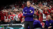 Washington head coach Danny Sprinkle watches during a men's basketball game against Ohio State on Feb. 13, 2025, at Value City Arena.