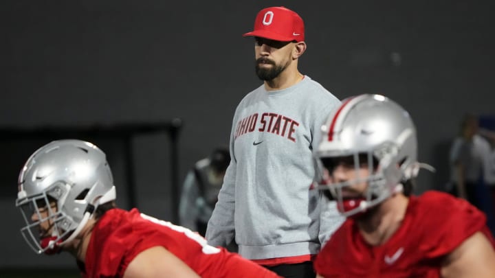 Mar 7, 2024; Columbus, OH, USA; Ohio State Buckeyes linebackers coach James Laurinaitis watches during spring football practice at the Woody Hayes Athletic Center.