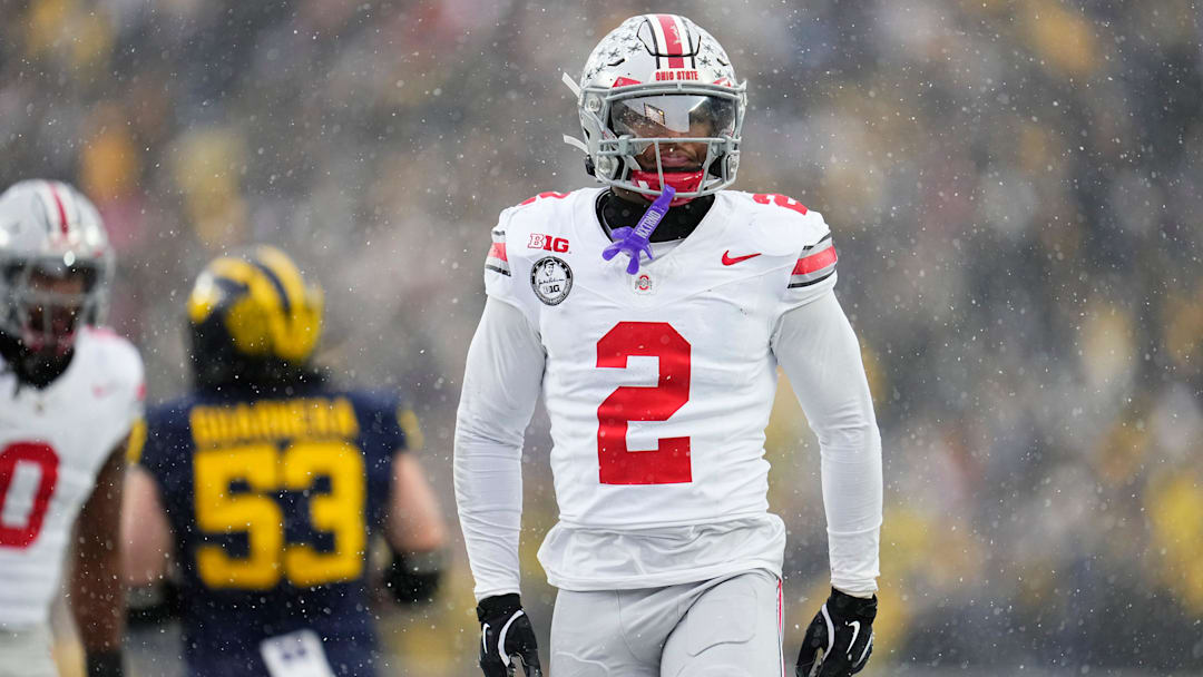 Ohio State Buckeyes defensive back Caleb Downs (2) celebrates during the NCAA football game against the Michigan Wolverines at Michigan Stadium in Ann Arbor, Mich.