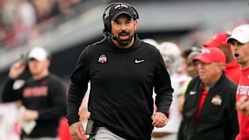 Ohio State Buckeyes head coach Ryan Day walks the sideline during the NCAA football game against the Purdue Boilermakers at Ross-Ade Stadium in West Lafayette, Ind. on Nov. 8, 2025. Ohio State won 34-10.