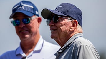  Dallas Cowboys owner Jerry Jones and Chief Operating Officer Stephen Jones (left) during training camp at the Marriott Residence Inn-River Ridge playing fields.