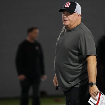 Mar 7, 2024; Columbus, OH, USA; Ohio State Buckeyes offensive coordinator Chip Kelly watches players during spring football practice at the Woody Hayes Athletic Center.