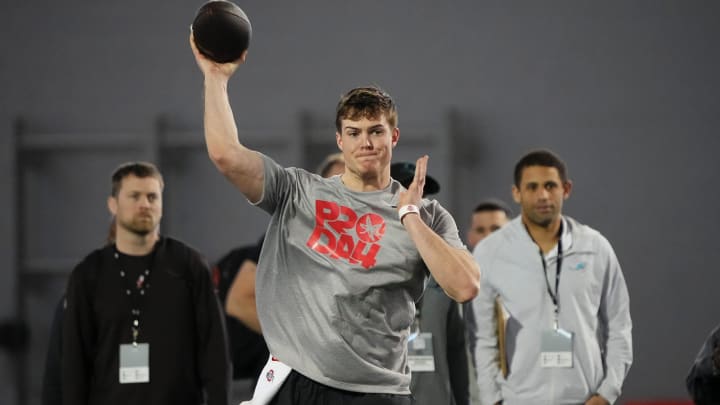 Mar 20, 2024; Columbus, Ohio, USA; Ohio State Buckeyes quarterback Will Howard throws a pass during Pro Day at the Woody Hayes Athletic Center.