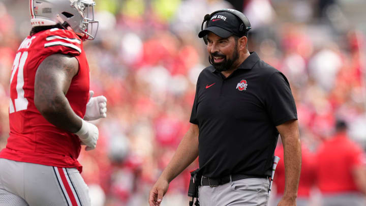 Aug 31, 2024; Columbus, OH, USA; Ohio State Buckeyes head coach Ryan Day walks onto the field during the first half of the NCAA football game against the Akron Zips at Ohio Stadium.