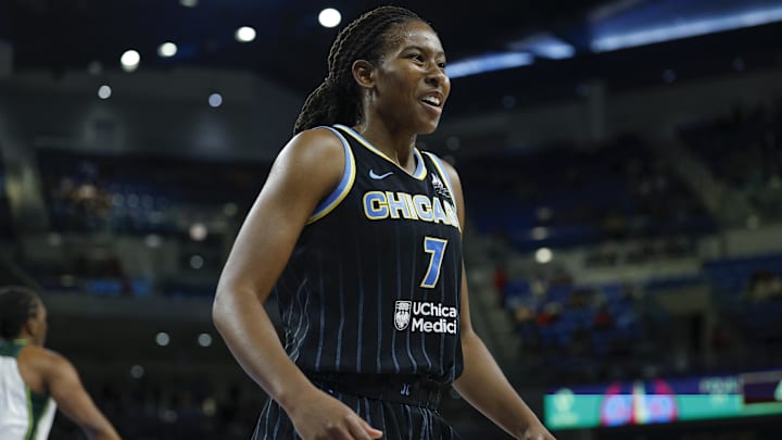 Aug 19, 2025; Chicago, Illinois, USA; Chicago Sky guard Ariel Atkins (7) reacts during the second half at Wintrust Arena. Mandatory Credit: Kamil Krzaczynski-Imagn Images