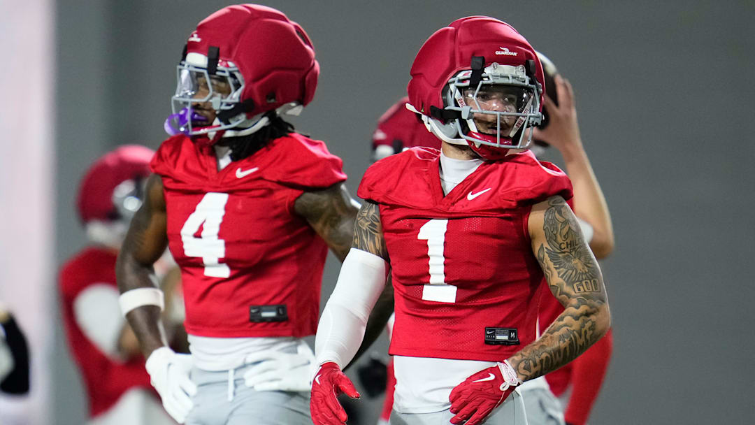 Ohio State Buckeyes wide receivers Brandon Inniss (1) and Jeremiah Smith (4) line up during the first day of spring workouts for the 2026 football season at Woody Hayes Athletic Complex in Columbus on March 10, 2026.
