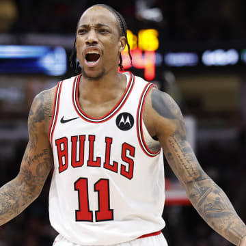 Mar 18, 2024; Chicago, Illinois, USA; Chicago Bulls forward DeMar DeRozan (11) reacts to a call during the first half of a basketball game against the Portland Trail Blazers at United Center. Mandatory Credit: Kamil Krzaczynski-USA TODAY Sports