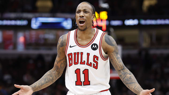 Mar 18, 2024; Chicago, Illinois, USA; Chicago Bulls forward DeMar DeRozan (11) reacts to a call during the first half of a basketball game against the Portland Trail Blazers at United Center. Mandatory Credit: Kamil Krzaczynski-USA TODAY Sports