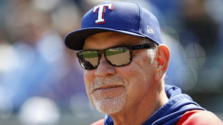 May 24, 2025; Chicago, Illinois, USA; Texas Rangers manager Bruce Bochy (15) smiles before a baseball game against the Chicago White Sox at Rate Field May 24, 2025; Chicago, Illinois, USA; Texas Rangers manager Bruce Bochy (15) smiles before a baseball game against the Chicago White Sox at Rate Field