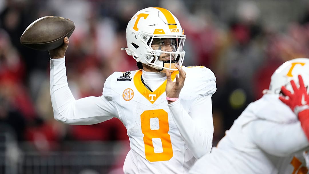 Tennessee Volunteers quarterback Nico Iamaleava (8) throws during the second half of the College Football Playoff first round game against the Ohio State Buckeyes at Ohio Stadium in Columbus on Dec. 22, 2024. Ohio State won 42-17.