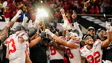 Ohio State Buckeyes celebrate their 34-23 win over Notre Dame Fighting Irish to win the College Football Playoff National Championship at Mercedes-Benz Stadium in Atlanta on January 20, 2025.