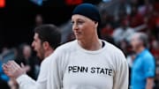 Penn State women's volleyball coach Katie Schumacher-Cawley watched action against Louisville during the NCAA Championship Volleyball match at the KFC Yum! Center in Louisville, Ky.