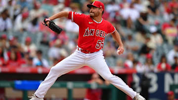 Aug 19, 2023; Anaheim, California, USA; Los Angeles Angels relief pitcher Matt Moore (55) throws