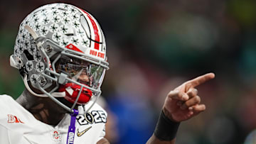 Ohio State Buckeyes safety Caleb Downs (2) warms up prior to the College Football Playoff National Championship against the Notre Dame Fighting Irish at Mercedes-Benz Stadium in Atlanta on Jan. 22, 2025.