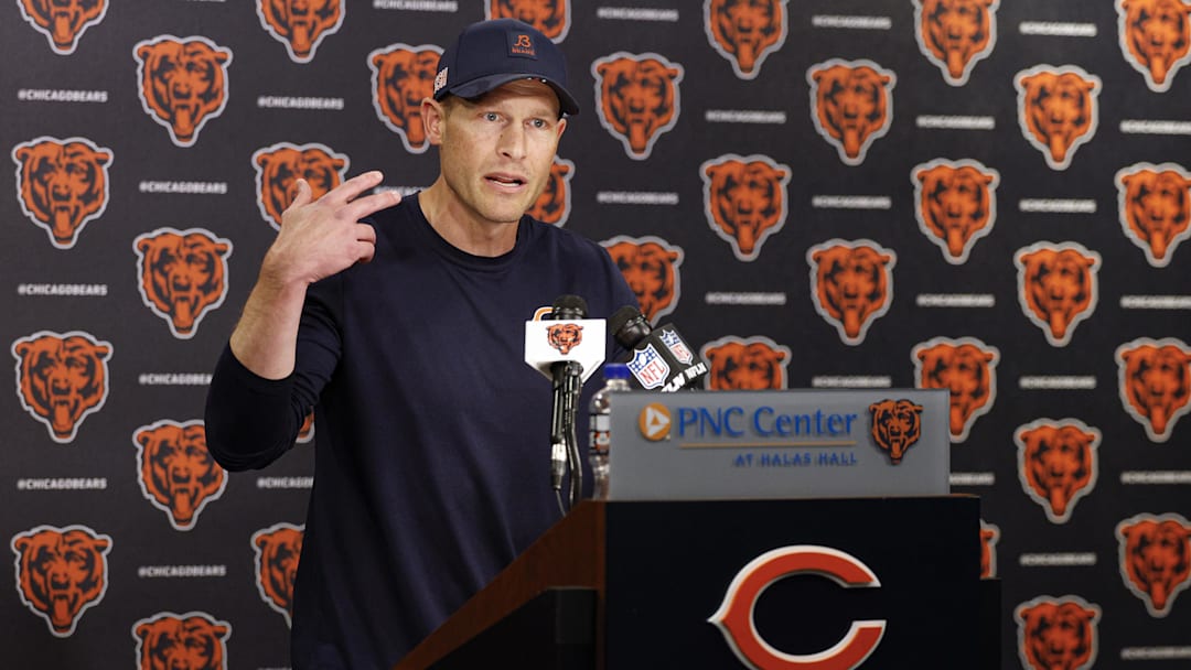 Jun 3, 2025; Lake Forest, IL, USA; Chicago Bears head coach Ben Johnson speaks during minicamp at Halas Hall. Mandatory Credit: Kamil Krzaczynski-Imagn Images