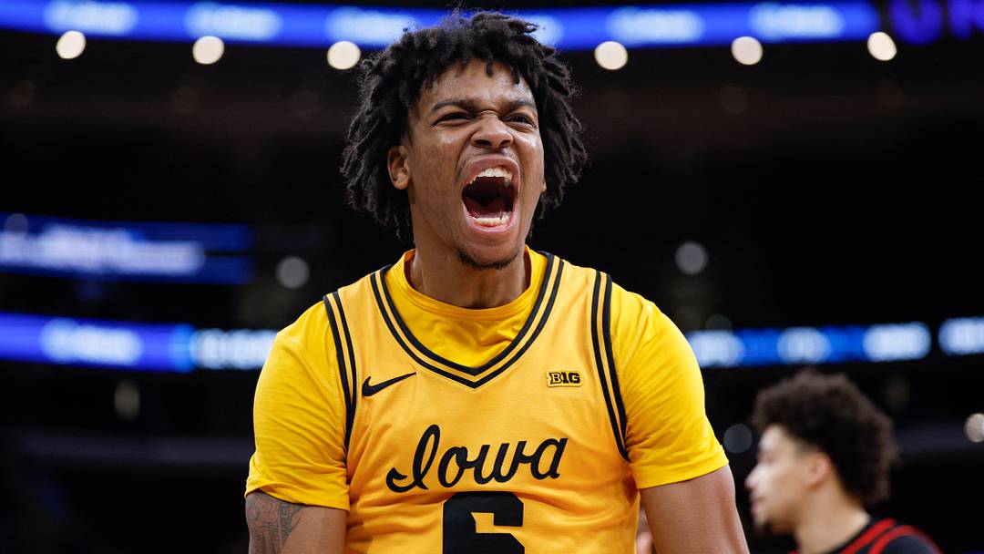 Mar 11, 2026; Chicago, IL, USA; Iowa Hawkeyes guard Tavion Banks (6) reacts after scoring against the Maryland Terrapins during the second half at United Center.