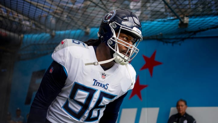 Tennessee Titans defensive end Denico Autry (96) heads to the field before a game against the Los Angeles Chargers at Nissan Stadium in Nashville, Tenn., Sunday, Sept. 17, 2023.