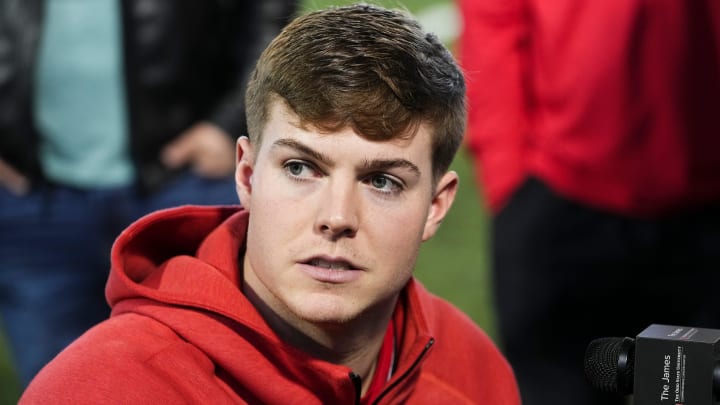 Mar 4, 2024; Columbus, OH, USA; Ohio State Buckeyes quarterback Will Howard speaks to media at the start of spring practice at the Woody Hayes Athletic Center.