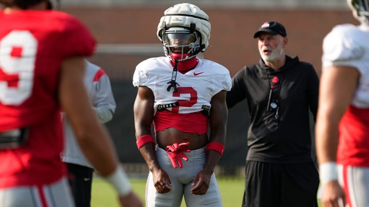 Aug 8, 2024; Columbus, Ohio, USA; Ohio State Buckeyes safety Caleb Downs (2) lines up during football practice at the Woody Hayes Athletic Complex.