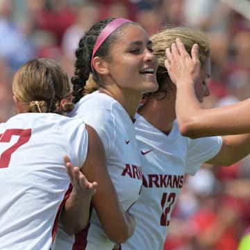 Arkansas soccer celebrates a goal in a 8-0 win over Western Kentucky at Razorback Field 