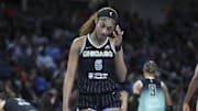 Chicago Sky forward Angel Reese (5) reacts during the first half agaisnt the New York Liberty at Wintrust Arena.