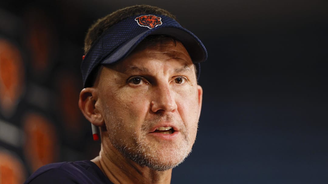 Jul 23, 2025; Lake Forest, IL, USA; Chicago Bears defensive coordinator Dennis Allen speaks during training camp at Halas Hall. Mandatory Credit: Kamil Krzaczynski-Imagn Images