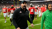 Ohio State Buckeyes head coach Ryan Day yells for his players to stop while leaving the field following the Big Ten Conference championship game against the Indiana Hoosiers at Lucas Oil Stadium in Indianapolis on Dec. 6, 2025. Ohio State lost 13-10.