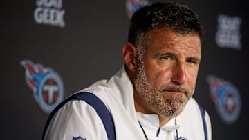 Tennessee Titans head coach Mike Vrabel speaks after an OTA practice at Ascension Saint Thomas Sports Park in Nashville on May 23, 2023.