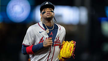 Apr 29, 2024; Seattle, Washington, USA; Atlanta Braves right fielder Ronald Acuna Jr. (13) jogs off the field during a game against the Seattle Mariners at T-Mobile Park.