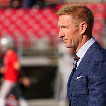 Nov 26, 2022; Columbus, Ohio, USA; Fox Sports announcer Joel Klatt walks across the field prior to the NCAA football game between the Ohio State Buckeyes and the Michigan Wolverines at Ohio Stadium. Mandatory Credit: Adam Cairns-The Columbus Dispatch

Ncaa Football Michigan Wolverines At Ohio State Buckeyes