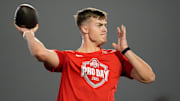 Ohio State Buckeyes quarterback Will Howard throws during the pro day for NFL scouts at the Woody Hayes Athletic Cente on March 26, 2025.