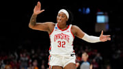 Ohio State Buckeyes forward Cotie McMahon (32) reacts during the second round of the women's NCAA Tournament against the Tennessee Lady Vols at Value City Arena in Columbus on March 23, 2025. Ohio State lost 82-67.