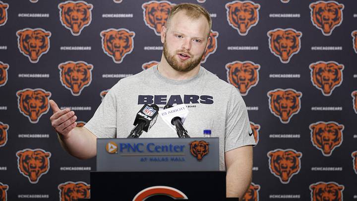 May 8, 2026; Lake Forest, IL, USA; Chicago Bears offensive lineman Logan Jones (54) speaks during Rookie Minicamp at Halas Hall. Mandatory Credit: Kamil Krzaczynski-Imagn Images