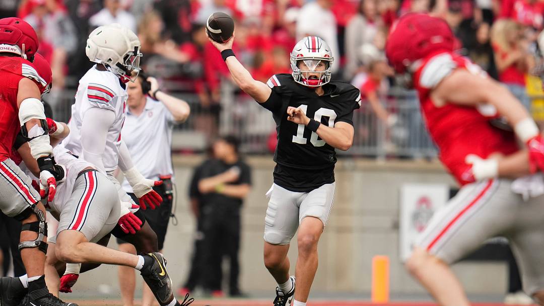 Ohio State quarterback Julian Sayin (10) throws during the team's football spring game at Ohio Stadium in Columbus on April 18, 2026. Ohio State quarterback Julian Sayin (10) throws during the team's football spring game at Ohio Stadium in Columbus on April 18, 2026.