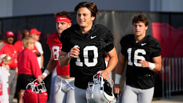 Ohio State Buckeyes quarterback Julian Sayin (10) takes the field for football training camp at the Woody Hayes Athletic Center on Aug. 1, 2025.