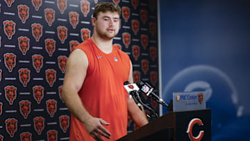 May 9, 2025; Lake Forest, IL, USA; Chicago Bears offensive line Ozzy Trapilo speaks during the Rookie Minicamp at Halas Hall. Mandatory Credit: Kamil Krzaczynski-Imagn Images