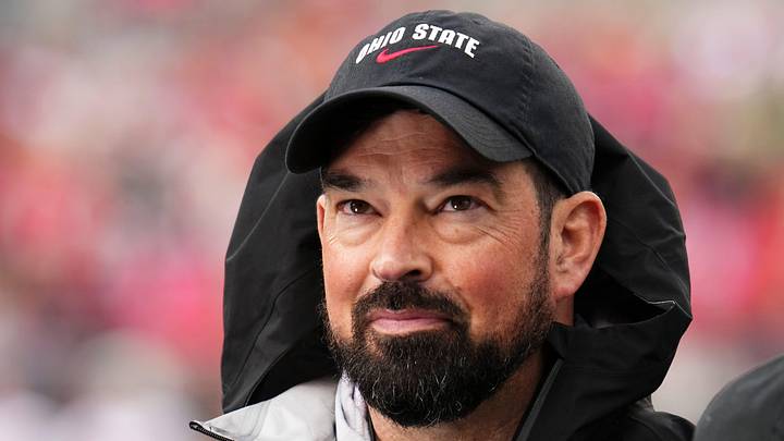 Ohio State Buckeyes head coach Ryan Day prepares for a tv interview during the Ohio State football spring game at Ohio Stadium in Columbus on April 18, 2026.