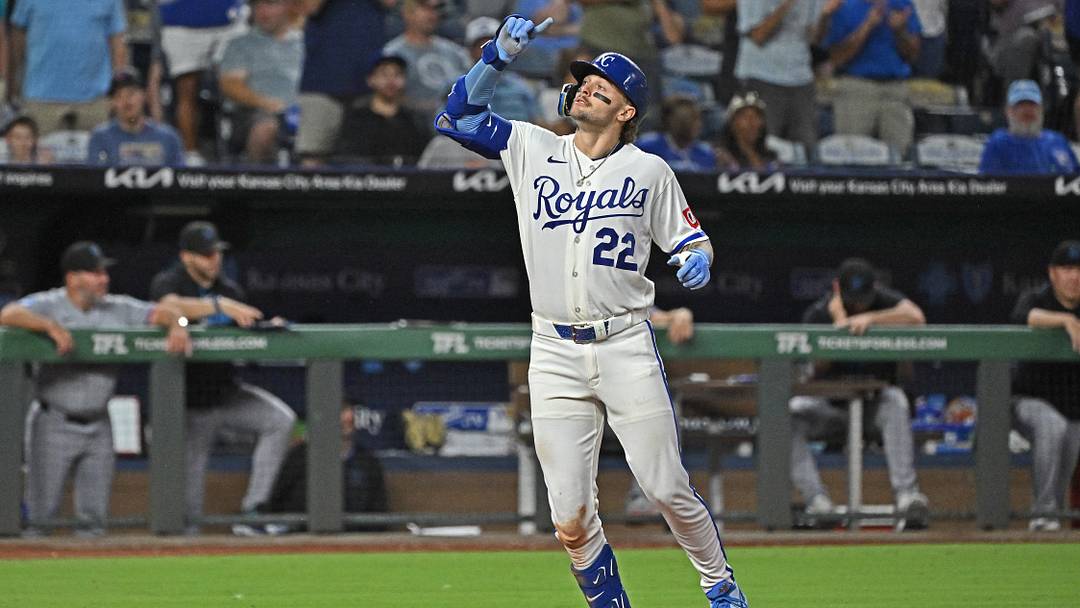 Sep 3, 2026; Kansas City, Missouri, USA; Kansas City Royals catcher Carter Jensen (22) reacts after hitting a two-run home run in the fifth inning against the Miami Marlins at Kauffman Stadium. Mandatory Credit: Peter Aiken-Imagn Images Sep 3, 2026; Kansas City, Missouri, USA; Kansas City Royals catcher Carter Jensen (22) reacts after hitting a two-run home run in the fifth inning against the Miami Marlins at Kauffman Stadium. Mandatory Credit: Peter Aiken-Imagn Images