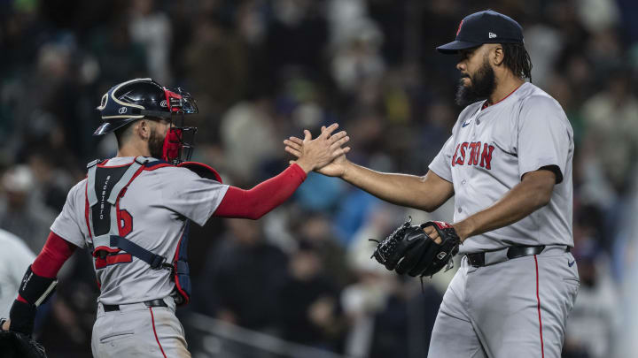 Mar 28, 2024; Seattle, Washington, USA; Boston Red Sox relief pitcher Kenley Jansen (74) and catcher celebrate after a game against the Seattle Mariners at T-Mobile Park.
