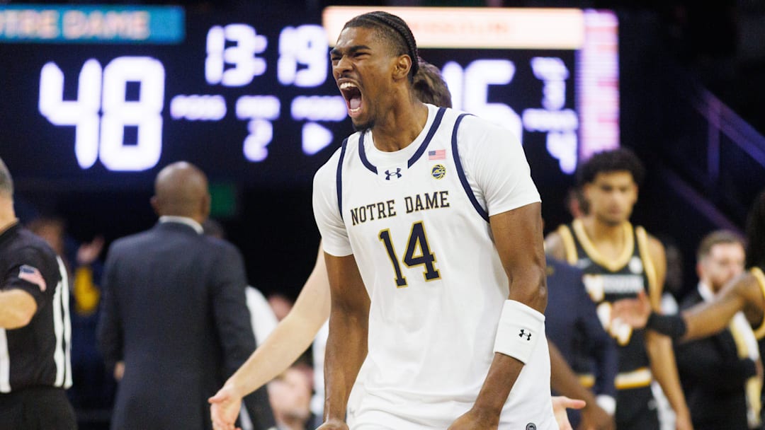 Notre Dame forward Kebba Njie celebrates going into a timeout during a NCAA men's basketball game against Missouri at Purcell Pavilion on Tuesday, Dec. 2, 2025, in South Bend.