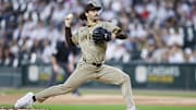 Sep 19, 2025; Chicago, Illinois, USA; San Diego Padres starting pitcher Dylan Cease (84) delivers a pitch against the Chicago White Sox during the first inning at Rate Field. Mandatory Credit: Kamil Krzaczynski-Imagn Images