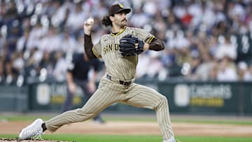 Sep 19, 2025; Chicago, Illinois, USA; San Diego Padres starting pitcher Dylan Cease (84) delivers a pitch against the Chicago White Sox during the first inning at Rate Field. Mandatory Credit: Kamil Krzaczynski-Imagn Images