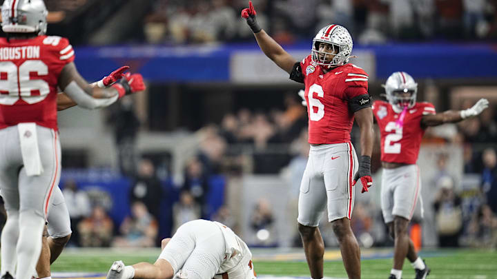 Ohio State Buckeyes safety Sonny Styles celebrates during the Cotton Bowl Classic College Football Playoff semifinal game Ohio State Buckeyes safety Sonny Styles celebrates during the Cotton Bowl Classic College Football Playoff semifinal game