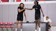 Jul 9, 2024; Columbus, OH, USA; Ohio State Buckeyes forward Devin Royal gets a handshake from forward Aaron Bradshaw during a summer workout in the practice gym at the Schottenstein Center.