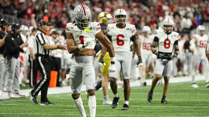 Ohio State Buckeyes corner Davison Igbinosun celebrates during the College Football Playoff National Championship Ohio State Buckeyes corner Davison Igbinosun celebrates during the College Football Playoff National Championship
